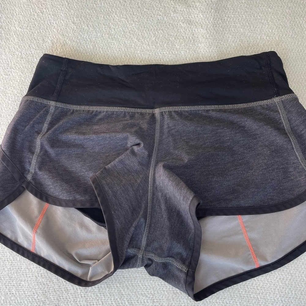 Lululemon Speed Up shorts. Gray, black, and orange! Size 2